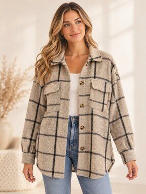 Z Supply Plaid Tucker Shirt Jacket Shacket Small Beige Black ZJ213286